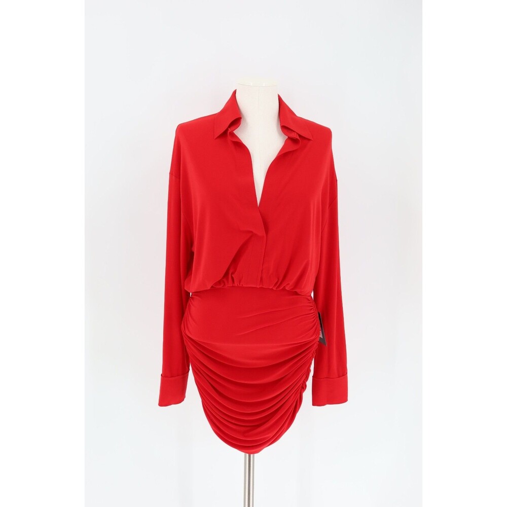 Norma Kamali Oversized Tiger Red Mini Shirt Dress Long Sleeve Shirred Bottom XXS